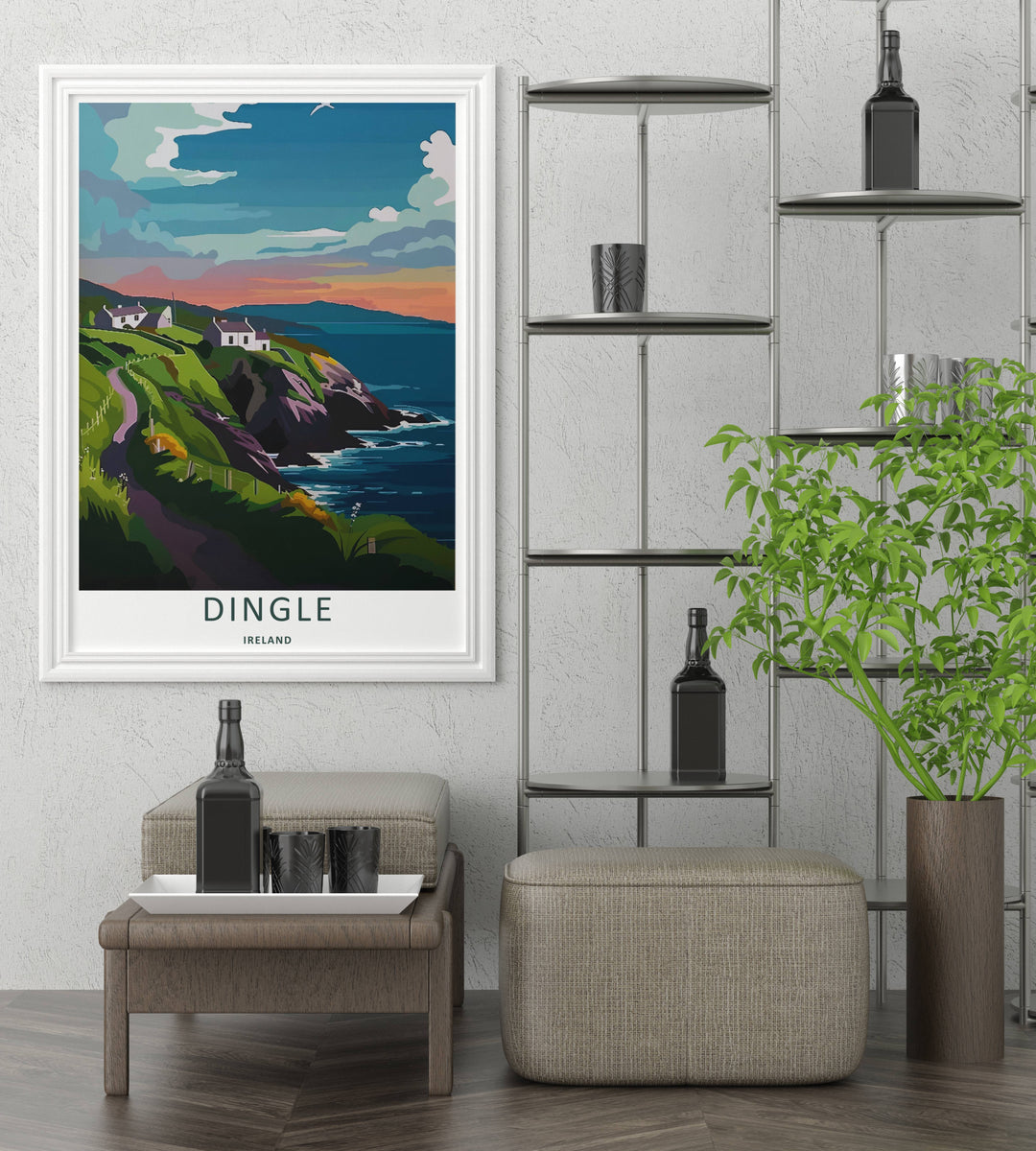 High-quality wall decor showing a graphic Dingle Ireland landscape illustration at twilight, purchasable as canvas wall art, an unframed print, or a framed art piece. The print captures bold blocky shapes of a seaside walking path.