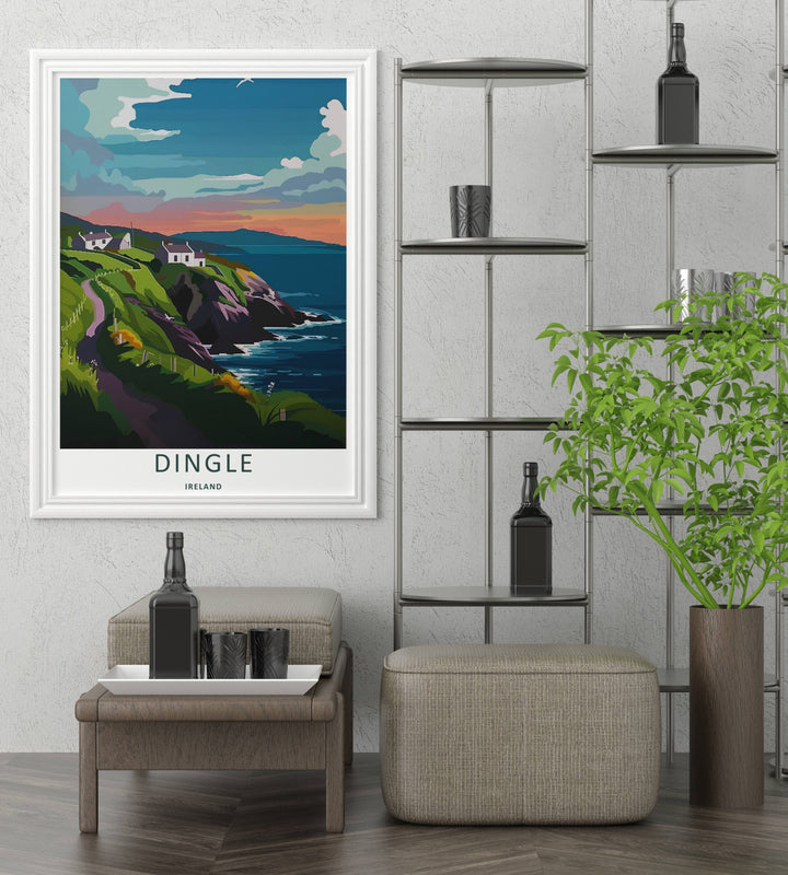 High-quality wall decor showing a graphic Dingle Ireland landscape illustration at twilight, purchasable as canvas wall art, an unframed print, or a framed art piece. The print captures bold blocky shapes of a seaside walking path.