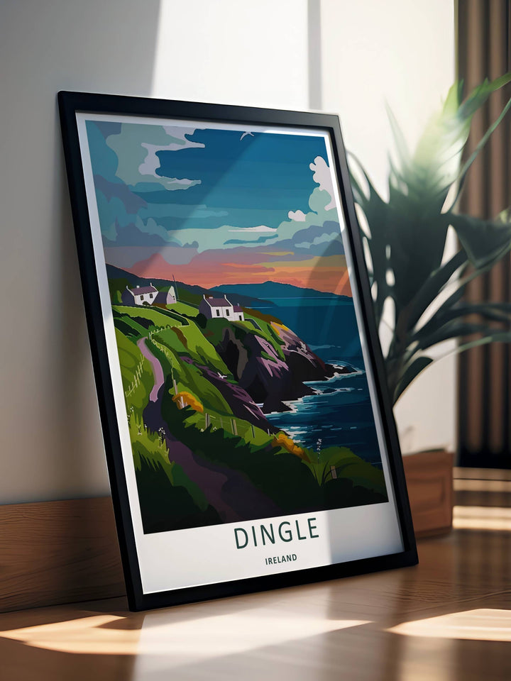 Graphic illustration print of the famous Dingle Ireland clifftop trail, crafted as a premium canvas print, an unframed poster, or a framed gallery piece. The wall decor shows a winding path descending toward waves crashing on rocks.