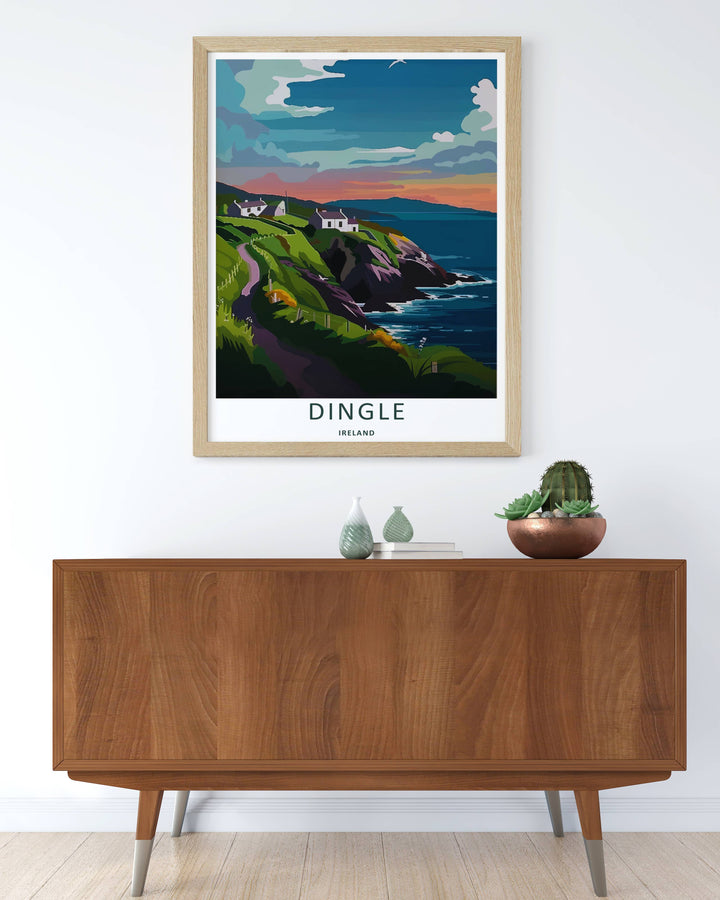Modern wall art featuring a retro graphic layout of the classic Dingle Ireland twilight view, which can be ordered as a stretched canvas, an unframed poster, or a framed print. The landscape art details warm orange clouds over the ocean.