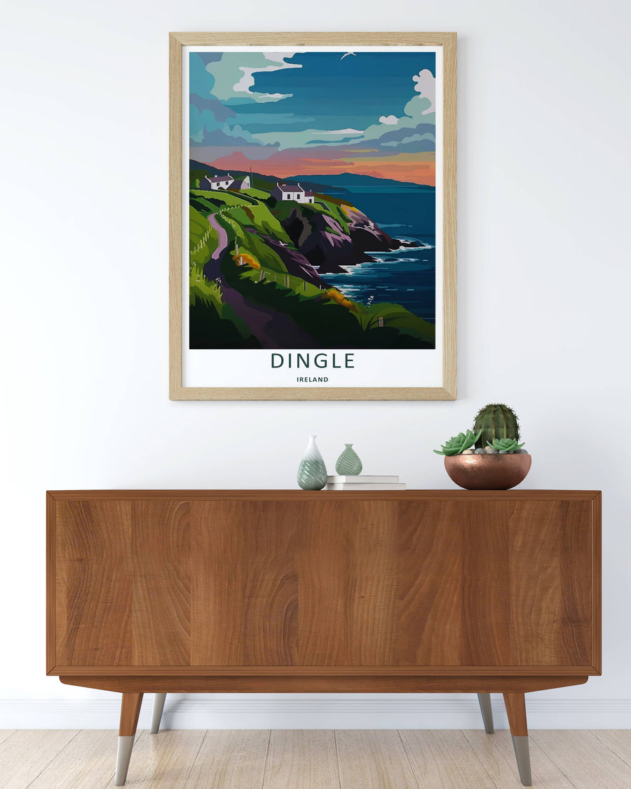 Modern wall art featuring a retro graphic layout of the classic Dingle Ireland twilight view, which can be ordered as a stretched canvas, an unframed poster, or a framed print. The landscape art details warm orange clouds over the ocean.