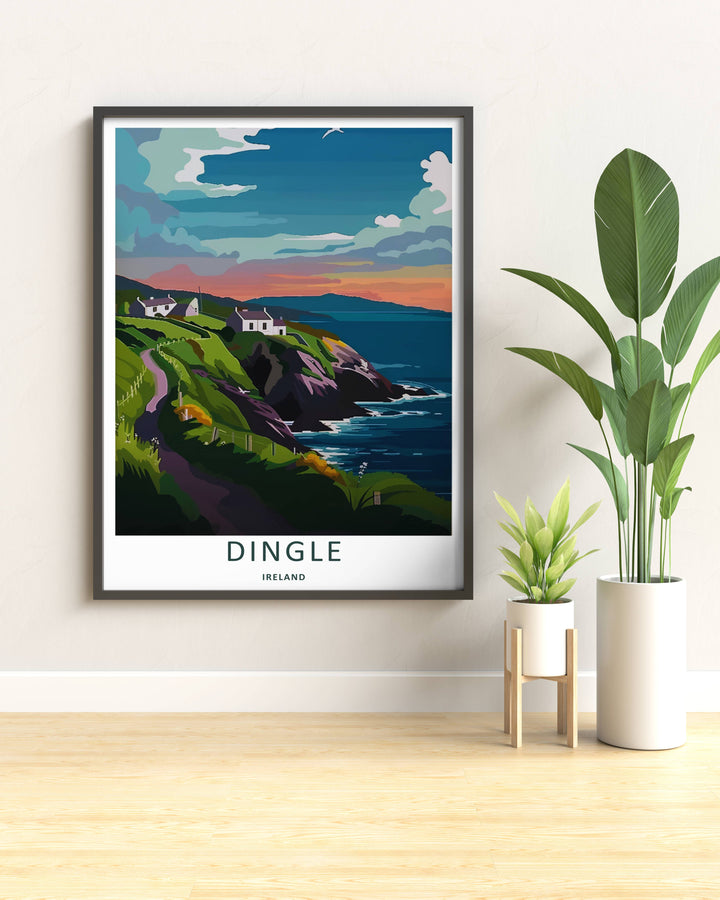 An elegant wilderness print of the dramatic Dingle Ireland peninsula at sunset, offered as an unframed print, a wrapped canvas, or a framed art finish. The sunset coastal print aesthetic brings a modern graphic touch to wall decor.