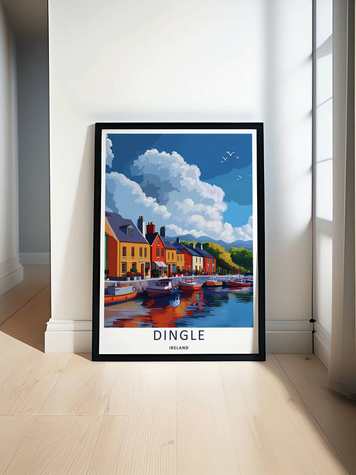 Minimalist coastal village art print of the iconic Dingle Ireland harbor docks without text, customizable as a textured canvas piece, an unframed art print, or a premium framed wall accent.