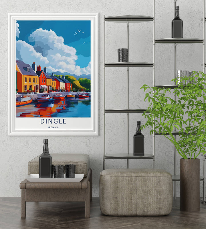 A bold painterly graphic work capturing the iconic coastal village landscape of Dingle Ireland on a clear day, ready to order as an unframed print, canvas, or a beautifully framed wall art piece.