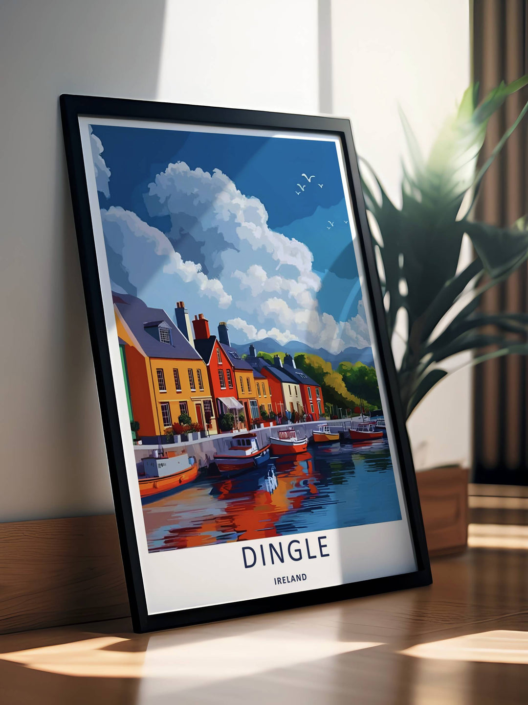 Colorful graphic illustration print of the famous Dingle Ireland seaside town pier, crafted as a premium canvas print, an unframed poster, or a professionally framed gallery wall statement piece.