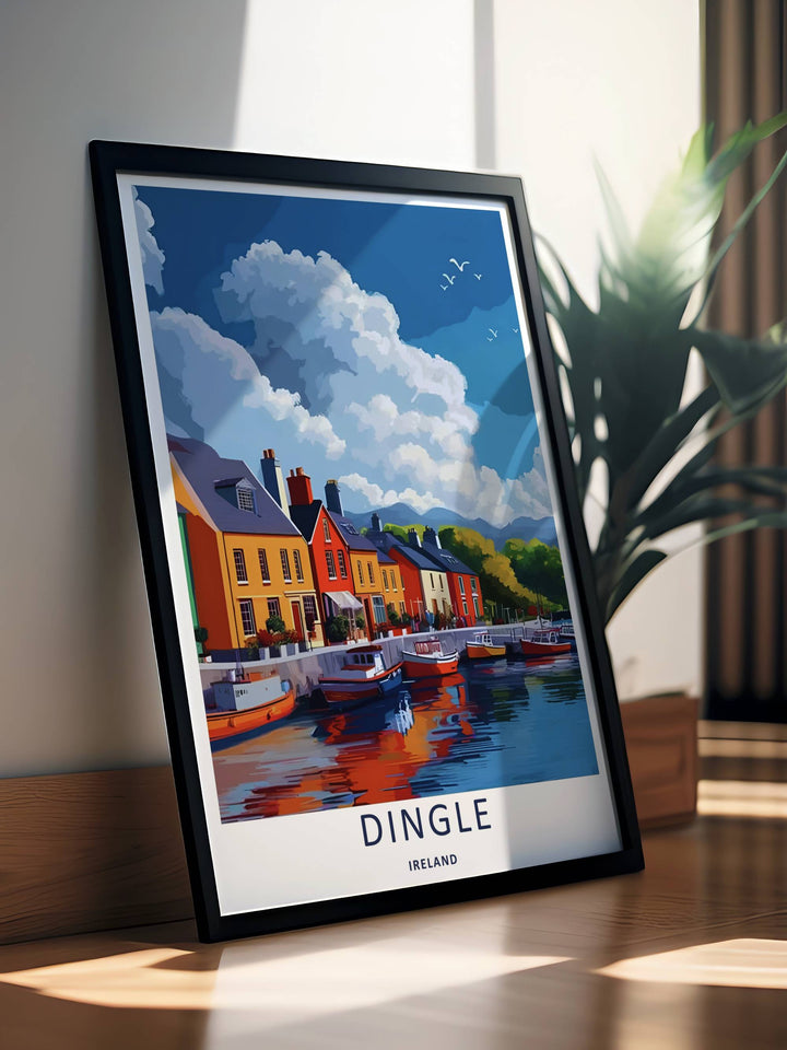 Colorful graphic illustration print of the famous Dingle Ireland seaside town pier, crafted as a premium canvas print, an unframed poster, or a professionally framed gallery wall statement piece.