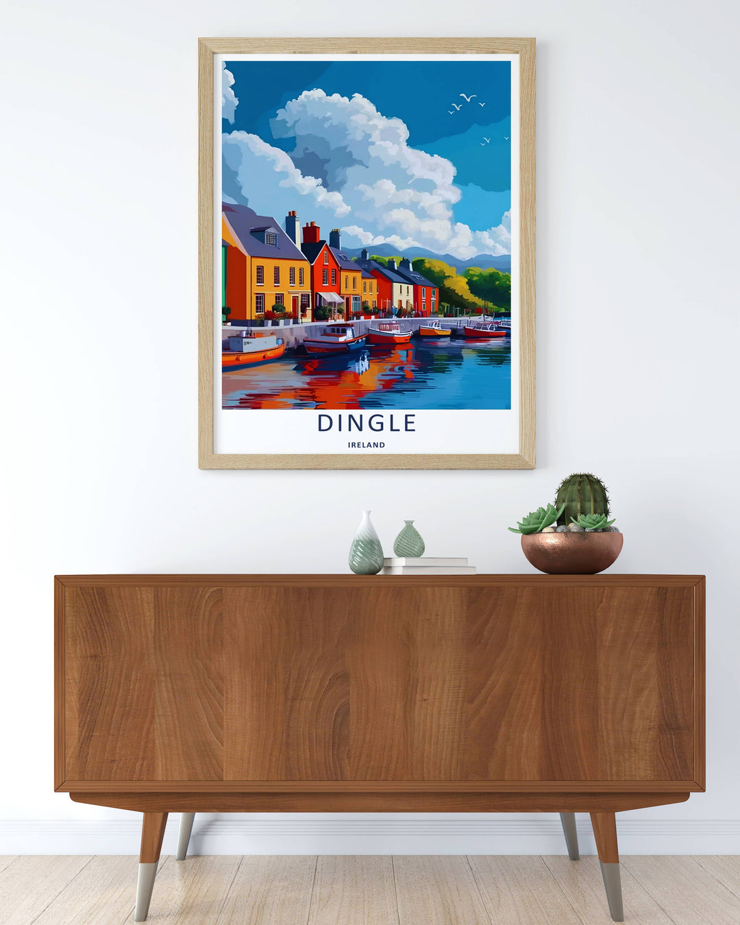 Modern wall art featuring a retro graphic vector layout of the classic Dingle Ireland harbor view, which can be ordered as a stretched canvas, an unframed poster, or a multi-colored framed print.