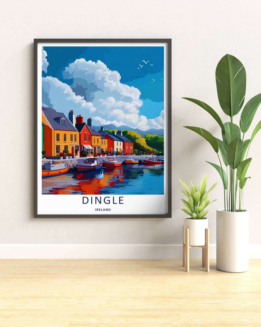 An elegant maritime print of the scenic Dingle Ireland peninsula during a bright afternoon, offered as an unframed print, a wrapped canvas, or a premium wood framed art finish for home styling.