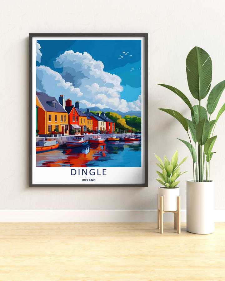 An elegant maritime print of the scenic Dingle Ireland peninsula during a bright afternoon, offered as an unframed print, a wrapped canvas, or a premium wood framed art finish for home styling.