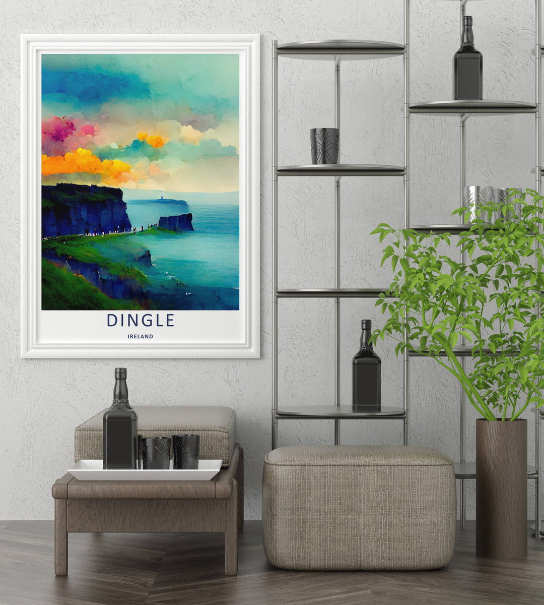 A detailed artistic watercolor ocean print featuring exploding orange and pink clouds over the cliffs of Dingle Ireland, selectable as an elegant canvas, a minimalist unframed poster, or a framed display.