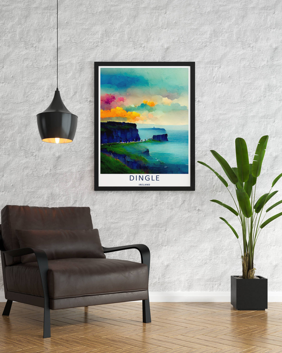 Minimalist watercolor ocean print of the iconic Dingle Ireland coastal cliffs without text, customizable as a textured canvas piece, an unframed art print, or a premium framed wall accent.