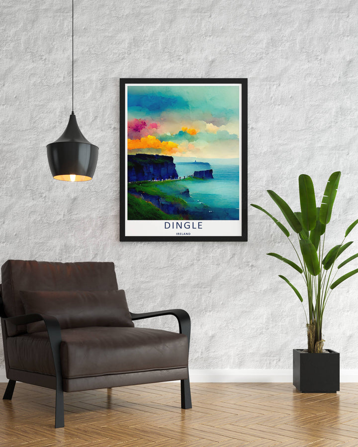 Minimalist watercolor ocean print of the iconic Dingle Ireland coastal cliffs without text, customizable as a textured canvas piece, an unframed art print, or a premium framed wall accent.