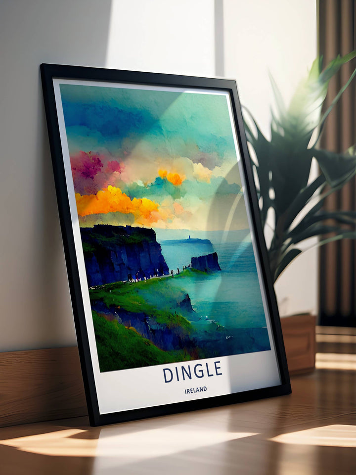 Vibrant watercolor illustration print of the famous Dingle Ireland clifftop path, crafted as a premium canvas print, an unframed poster, or a professionally framed gallery wall statement piece.