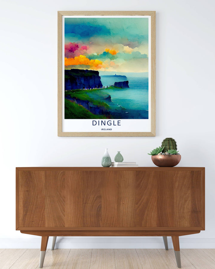 Modern wall art featuring a dreamy impressionist layout of the classic Dingle Ireland coastal view, which can be ordered as a stretched canvas, an unframed poster, or a sleek metallic framed print.