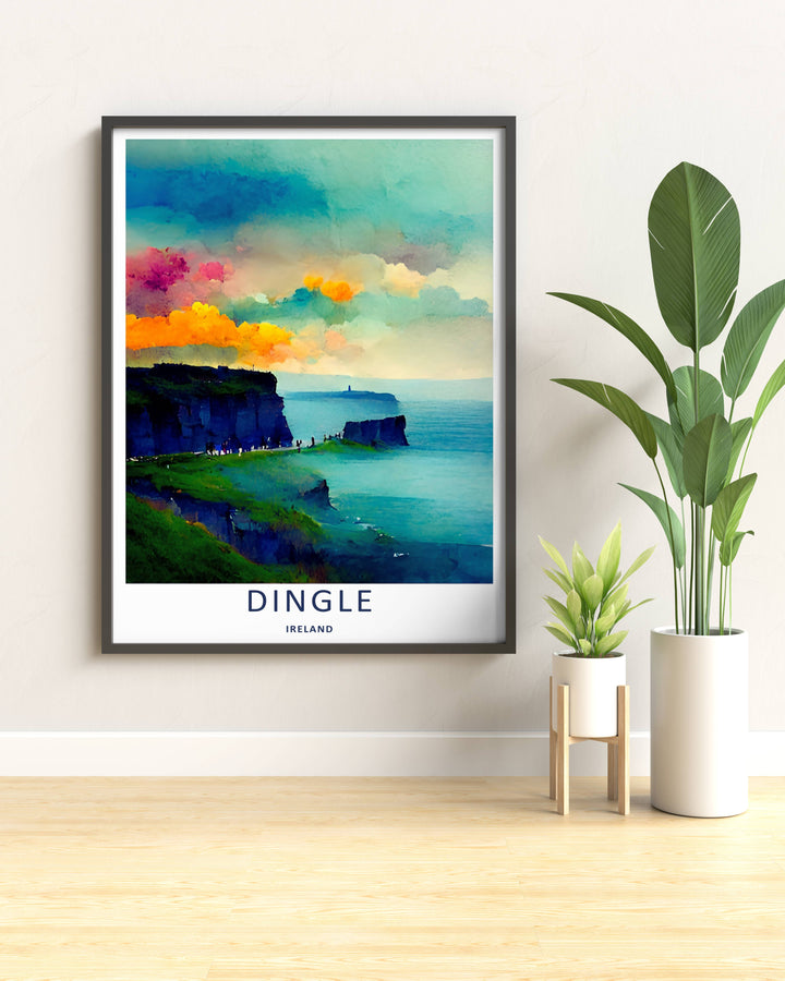 An elegant maritime print of the scenic Dingle Ireland peninsula under a colorful sunset sky, offered as an unframed print, a wrapped canvas, or a premium wood framed art finish for interior styling.