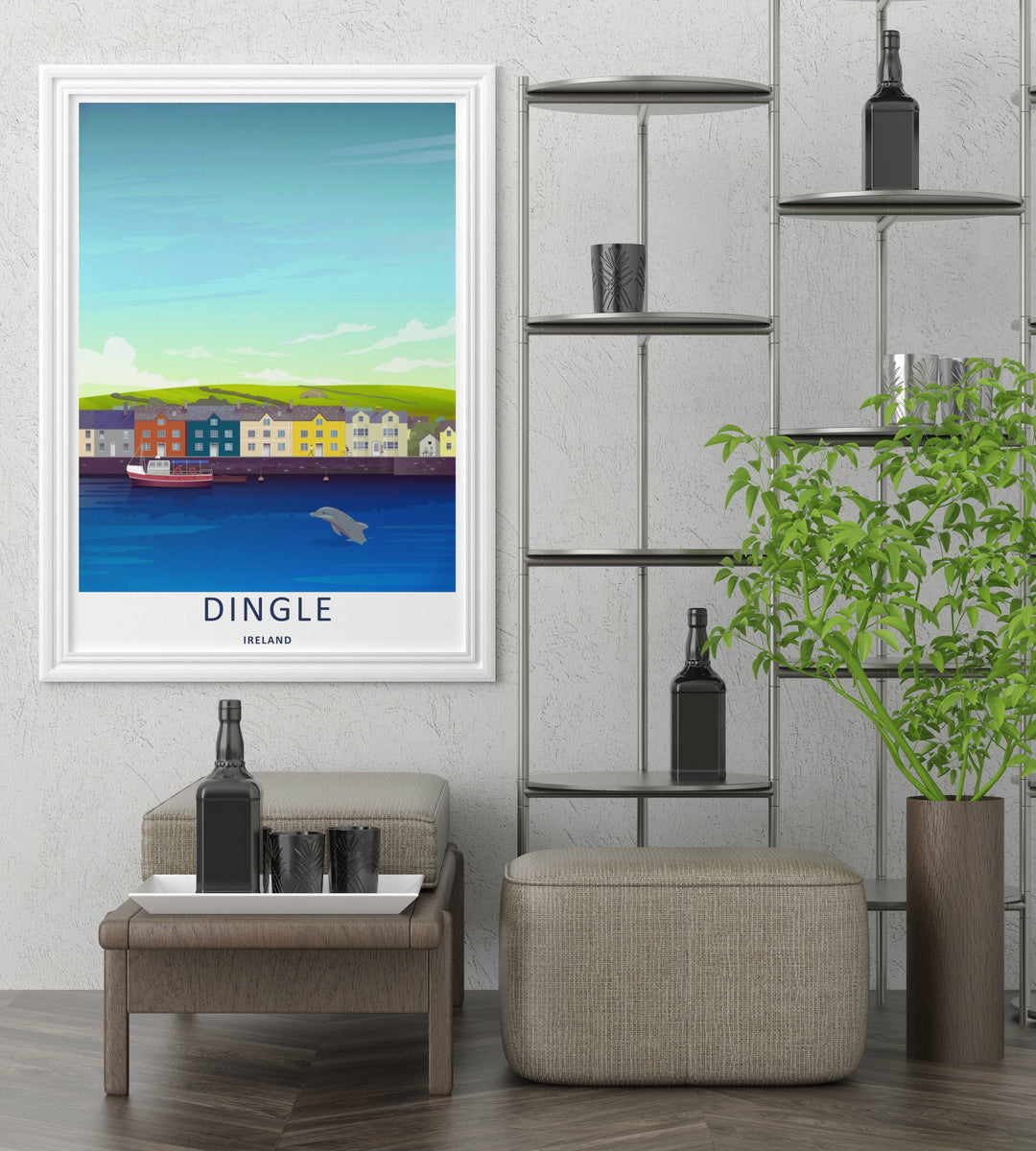 A detailed artistic Dingle dolphin harbor art print featuring rolling green hills over the town of Dingle Ireland, selectable as an elegant canvas, a minimalist unframed poster, or a framed display.