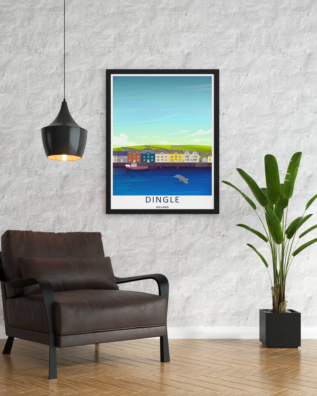 Minimalist Dingle dolphin harbor art print of the iconic Dingle Ireland harbor docks without text, customizable as a textured canvas piece, an unframed art print, or a premium framed wall accent.