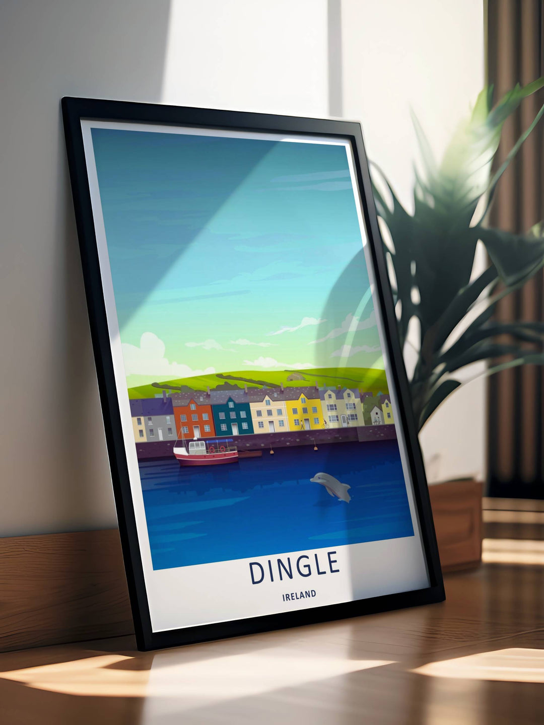A beautiful harbor and marine life theme poster capturing the lively waterfront buildings of Dingle Ireland, available in flexible unframed, framed, or canvas print layouts to match your home decor.