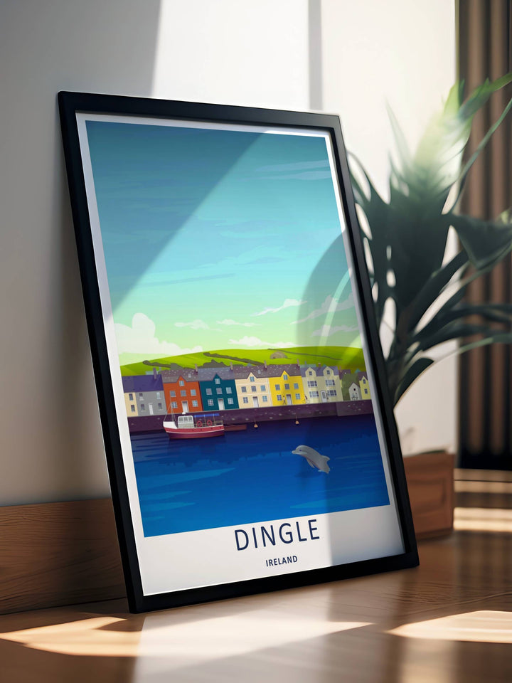 A beautiful harbor and marine life theme poster capturing the lively waterfront buildings of Dingle Ireland, available in flexible unframed, framed, or canvas print layouts to match your home decor.