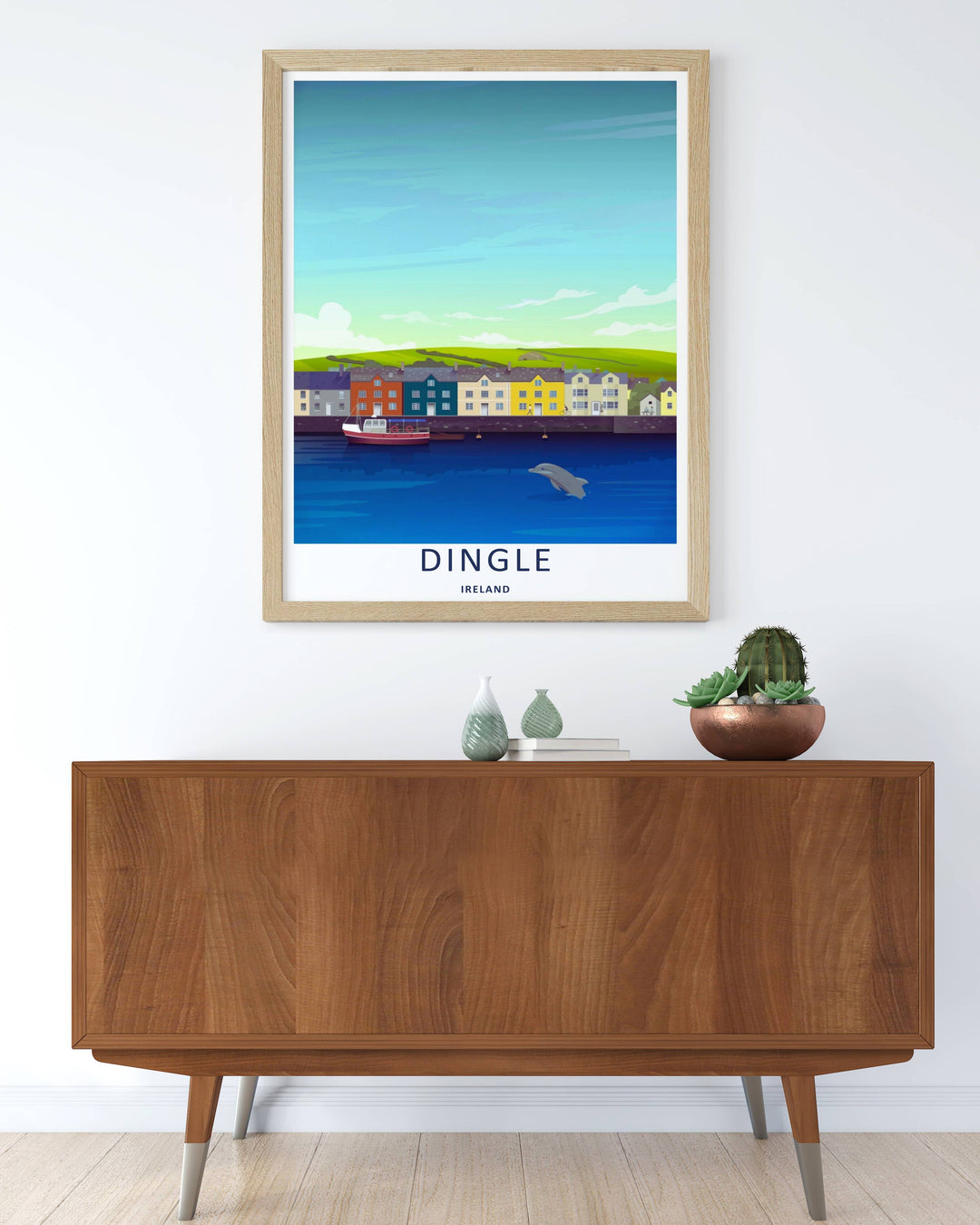 Colorful graphic illustration print of the famous Dingle Ireland seaside town pier, crafted as a premium canvas print, an unframed poster, or a professionally framed gallery wall statement piece.