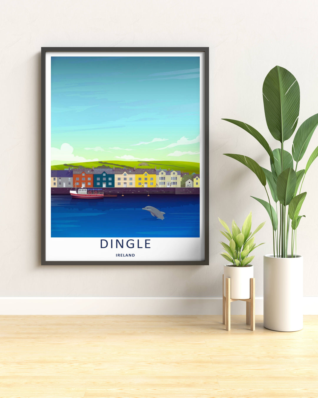 Modern wall art featuring a retro graphic vector layout of the classic Dingle Ireland harbor view, which can be ordered as a stretched canvas, an unframed poster, or a multi-colored framed print.