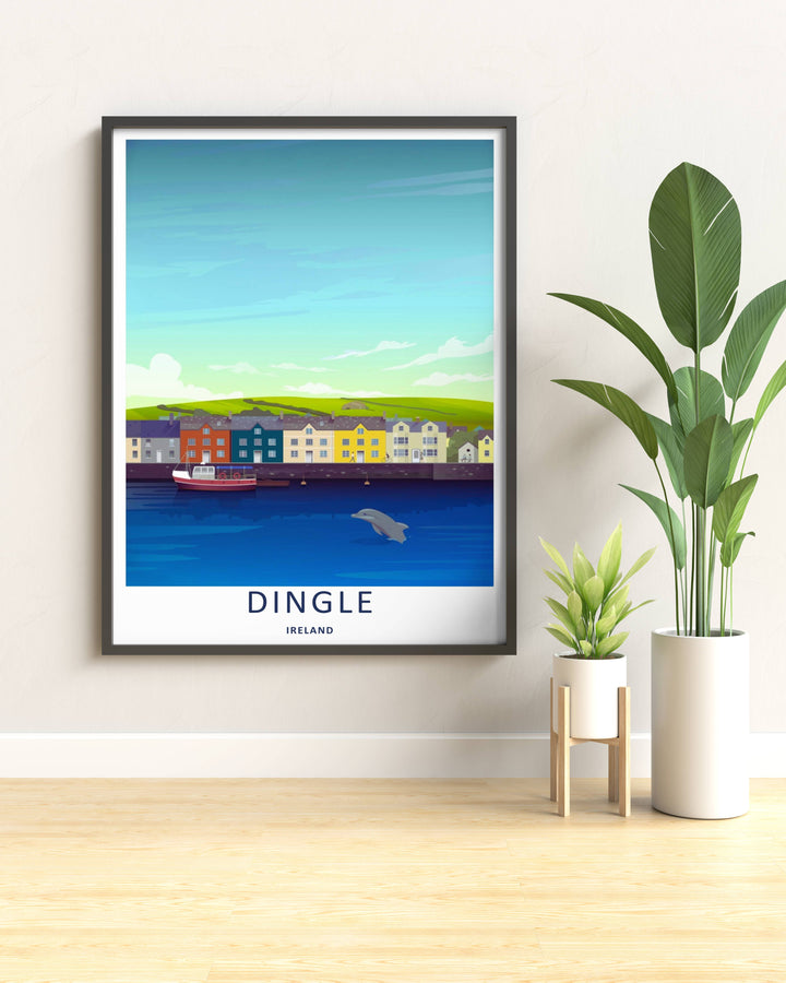 Modern wall art featuring a retro graphic vector layout of the classic Dingle Ireland harbor view, which can be ordered as a stretched canvas, an unframed poster, or a multi-colored framed print.