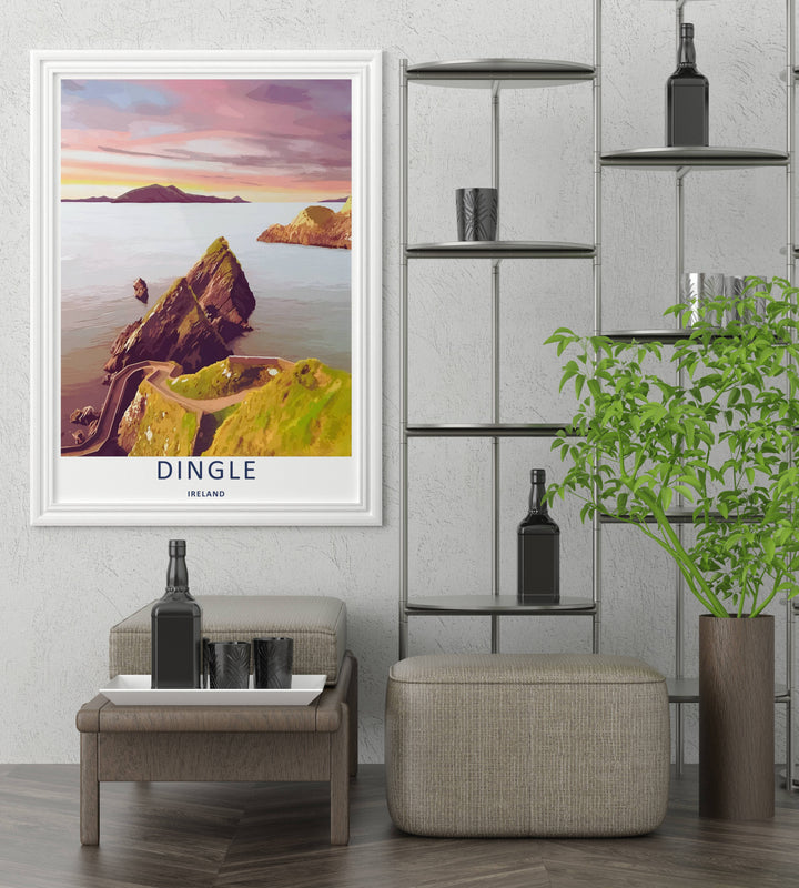 A detailed artistic Dunmore Head coastal print featuring a pastel pink and violet sunrise sky over Dingle Ireland, selectable as an elegant canvas, a minimalist unframed poster, or a grey framed display.