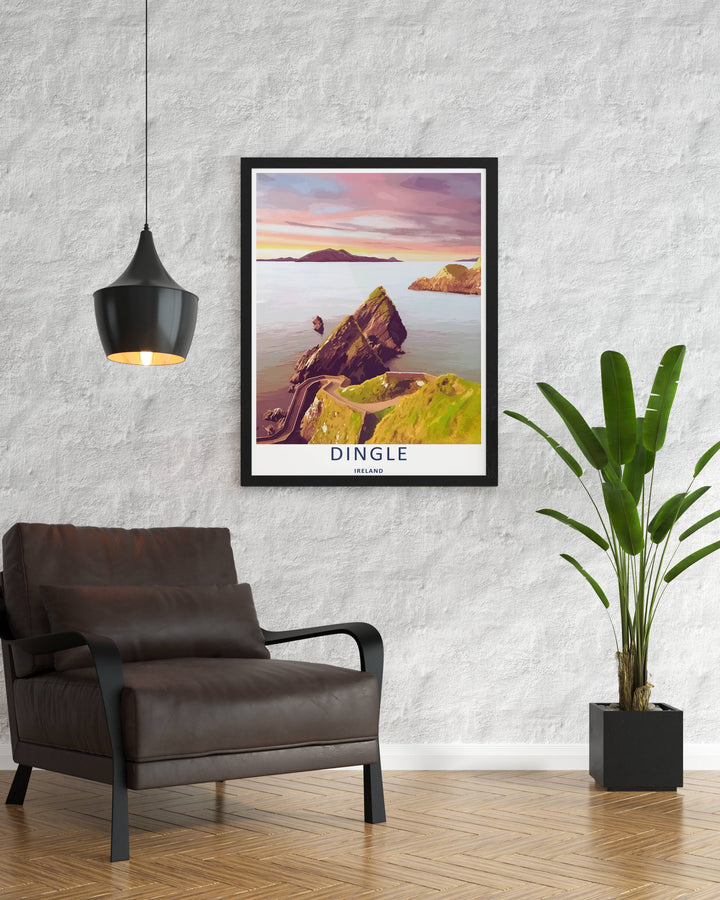 Minimalist Dunmore Head coastal print of the iconic Dingle Ireland cliffside trail without text, customizable as a textured canvas piece, an unframed art print, or a premium wood framed wall accent.