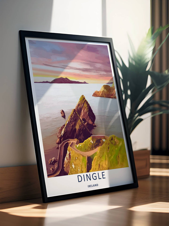 Colorful graphic illustration print of the famous Dunmore Head coastal walkway in Dingle Ireland, crafted as a premium canvas print, an unframed poster, or a gold framed gallery wall statement piece.