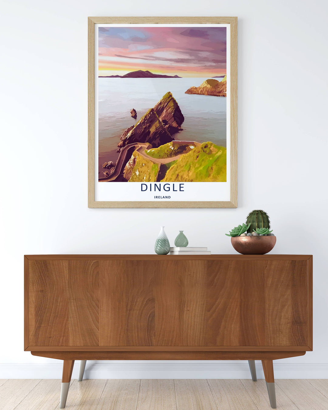 Modern wall art featuring a retro graphic vector layout of the classic Dunmore Head view in Dingle Ireland, which can be ordered as a stretched canvas, an unframed poster, or a pure gold framed luxury print.