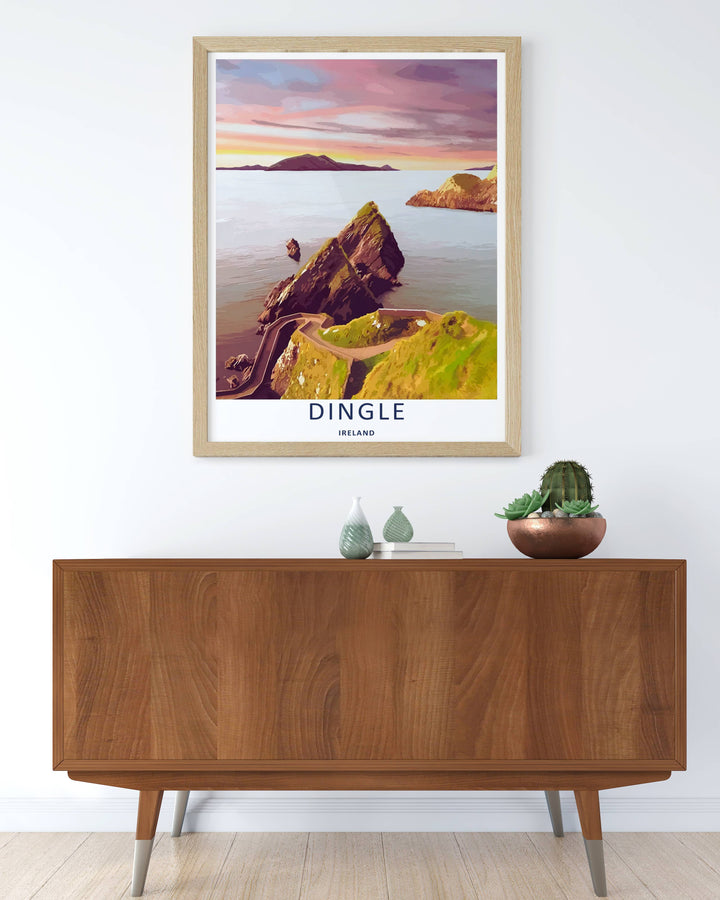 Modern wall art featuring a retro graphic vector layout of the classic Dunmore Head view in Dingle Ireland, which can be ordered as a stretched canvas, an unframed poster, or a pure gold framed luxury print.