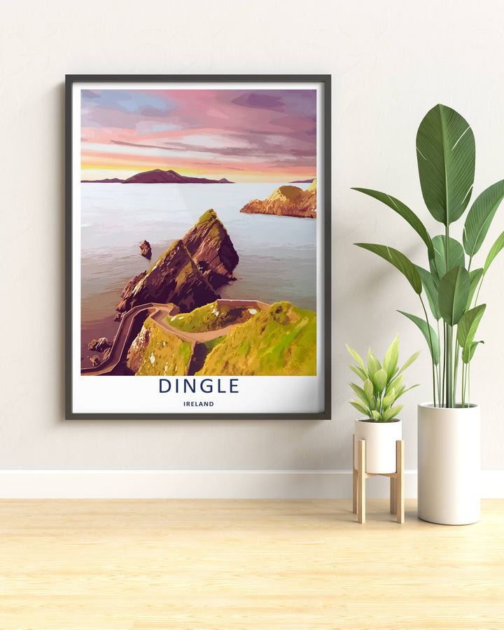 An elegant maritime print of the scenic Dunmore Head peninsula in Dingle Ireland during a bright dawn, offered as an unframed print, a wrapped canvas, or a premium retro black framed art finish for home styling.