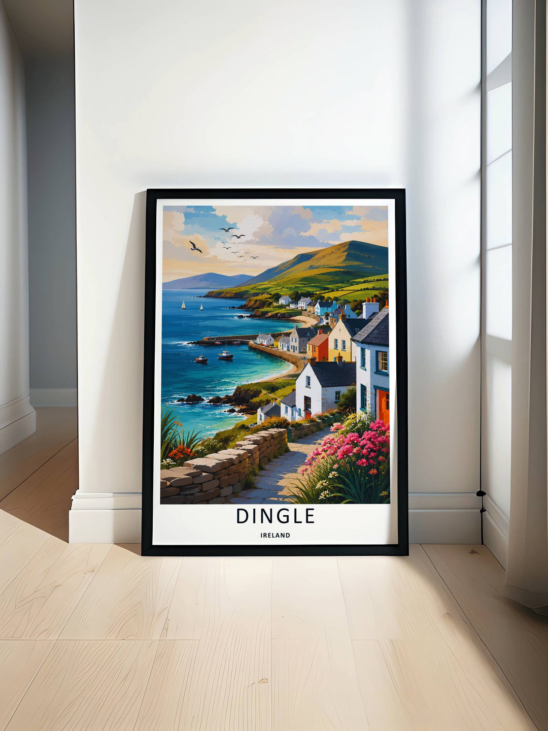 Minimalist Dingle Ireland watercolor ocean print wall art of the iconic hillside trail without text, customizable as a textured canvas piece, an unframed art print, or a premium wood framed wall accent.