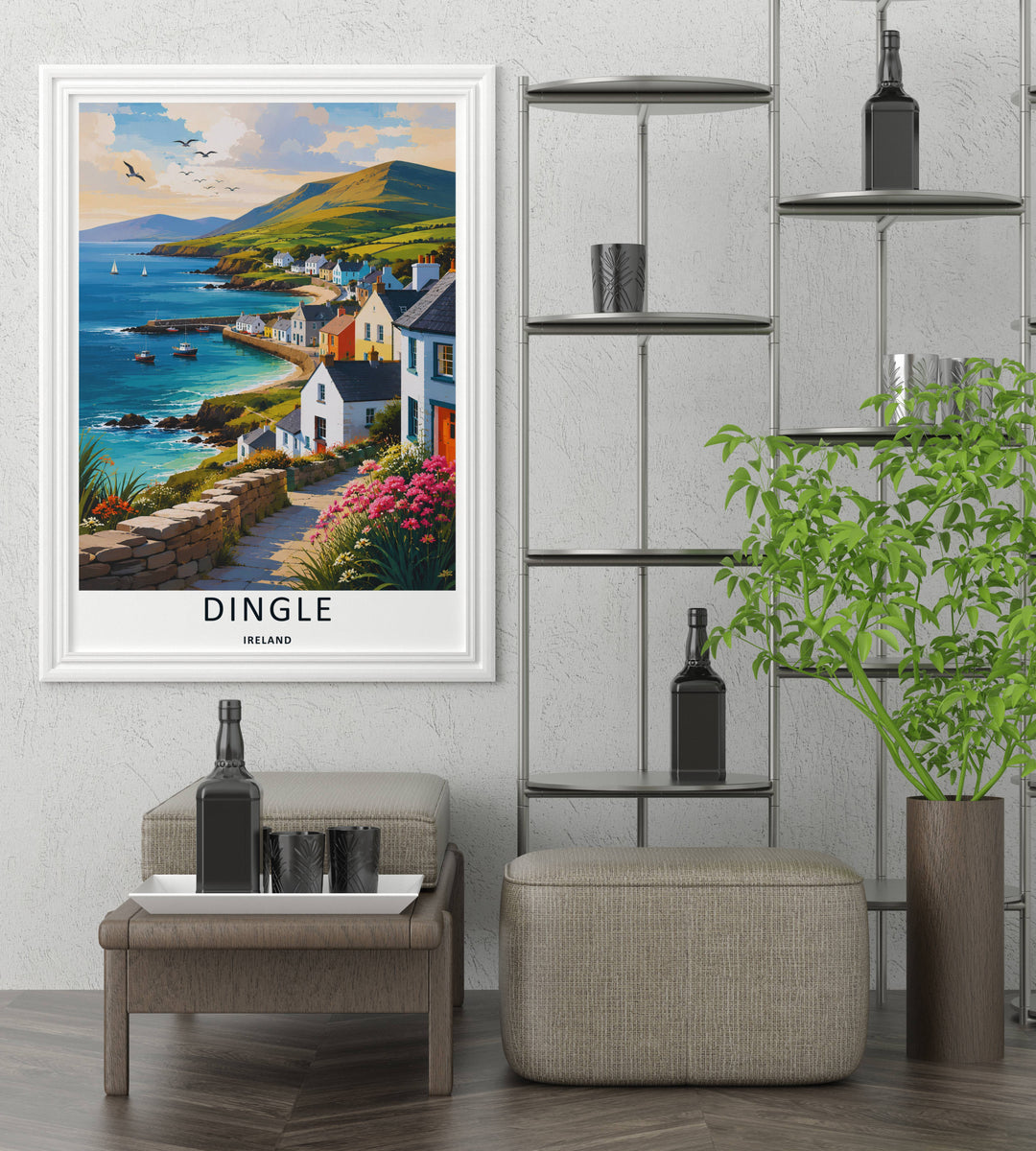 A bold illustrative work capturing small fishing boats floating in the turquoise ocean water of Dingle Ireland, ready to order as an unframed print, canvas, or a beautifully natural wood framed wall art piece.