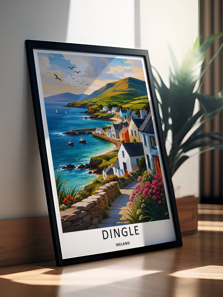 A beautiful artistic Dingle Ireland watercolor ocean print wall art featuring towering green mountains under a cloud-draped sky, selectable as an elegant canvas, an unframed poster, or a grey framed display.