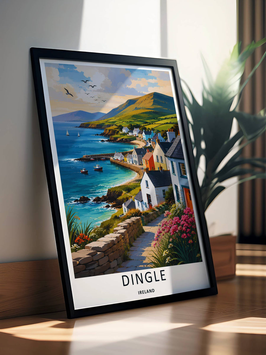 A beautiful artistic Dingle Ireland watercolor ocean print wall art featuring towering green mountains under a cloud-draped sky, selectable as an elegant canvas, an unframed poster, or a grey framed display.