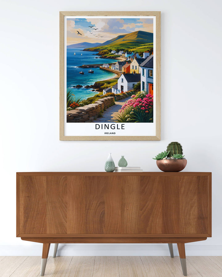 A scenic harbor and village theme poster capturing the rustic stacked stone wall on a hillside in Dingle Ireland, available in flexible unframed, framed, or canvas layouts to match your home decor style.