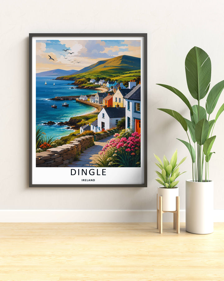 Colorful graphic illustration print of the famous Wild Atlantic Way coastline in Dingle Ireland, crafted as a premium canvas print, an unframed poster, or a gold framed gallery wall statement piece.