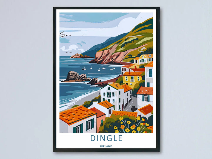 A retro travel poster featuring the colorful coastal village landscape of Dingle Ireland; this artwork is available as an unframed print, a premium canvas, or a framed print option. The graphic art showcases vibrant seaside cottages under terraced hills.