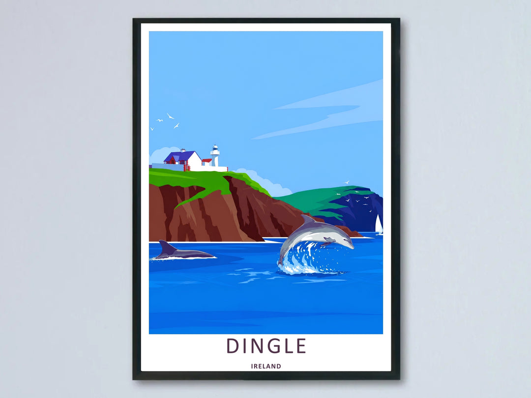 A vibrant Dingle Lighthouse coastal village art print highlighting the historic white lighthouse of Dingle Ireland; this high-quality artwork is available as an unframed print, a premium canvas, or a framed print option.