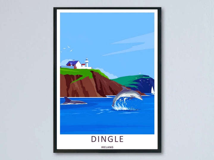 A vibrant Dingle Lighthouse coastal village art print highlighting the historic white lighthouse of Dingle Ireland; this high-quality artwork is available as an unframed print, a premium canvas, or a framed print option.