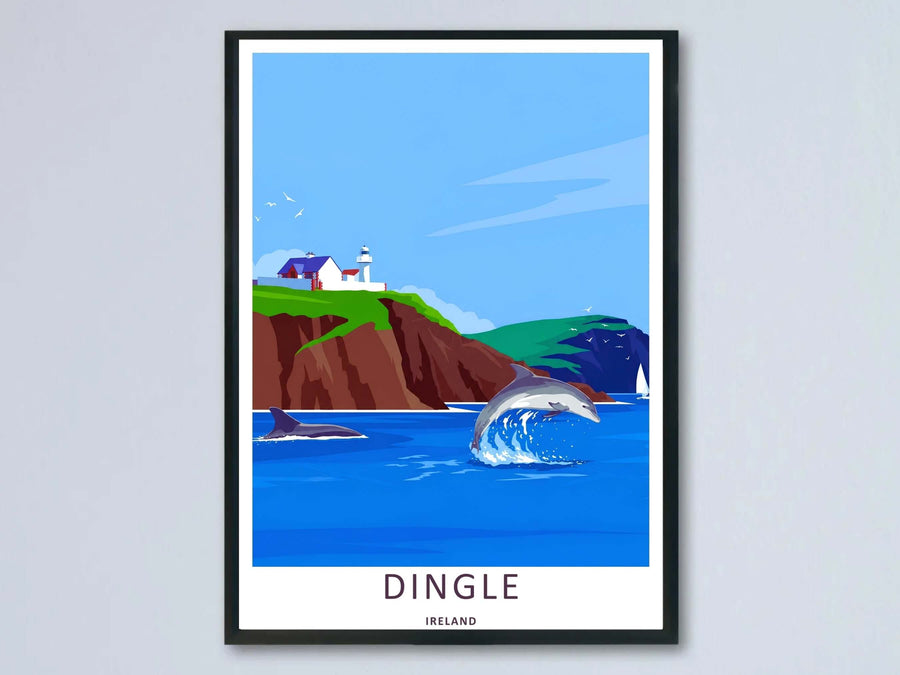 A vibrant Dingle Lighthouse coastal village art print highlighting the historic white lighthouse of Dingle Ireland; this high-quality artwork is available as an unframed print, a premium canvas, or a framed print option.