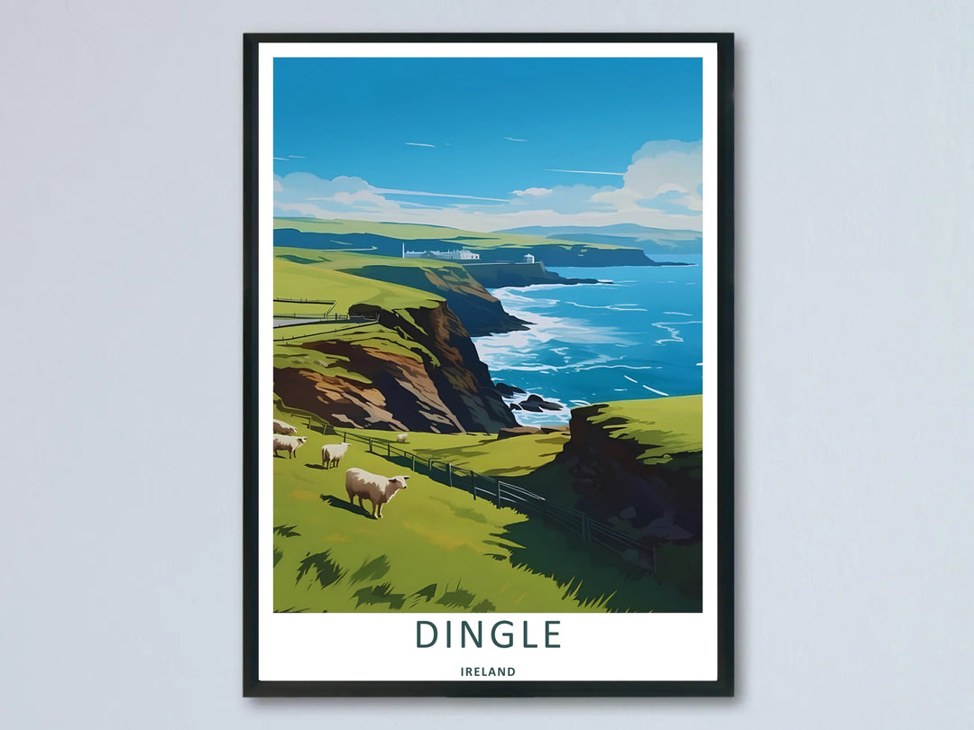 A vintage coastal print featuring the clifftop landscape of Dingle Ireland; this artwork is available as an unframed print, a premium canvas, or a framed print option. The graphic art showcases white sheep grazing on green pastures.