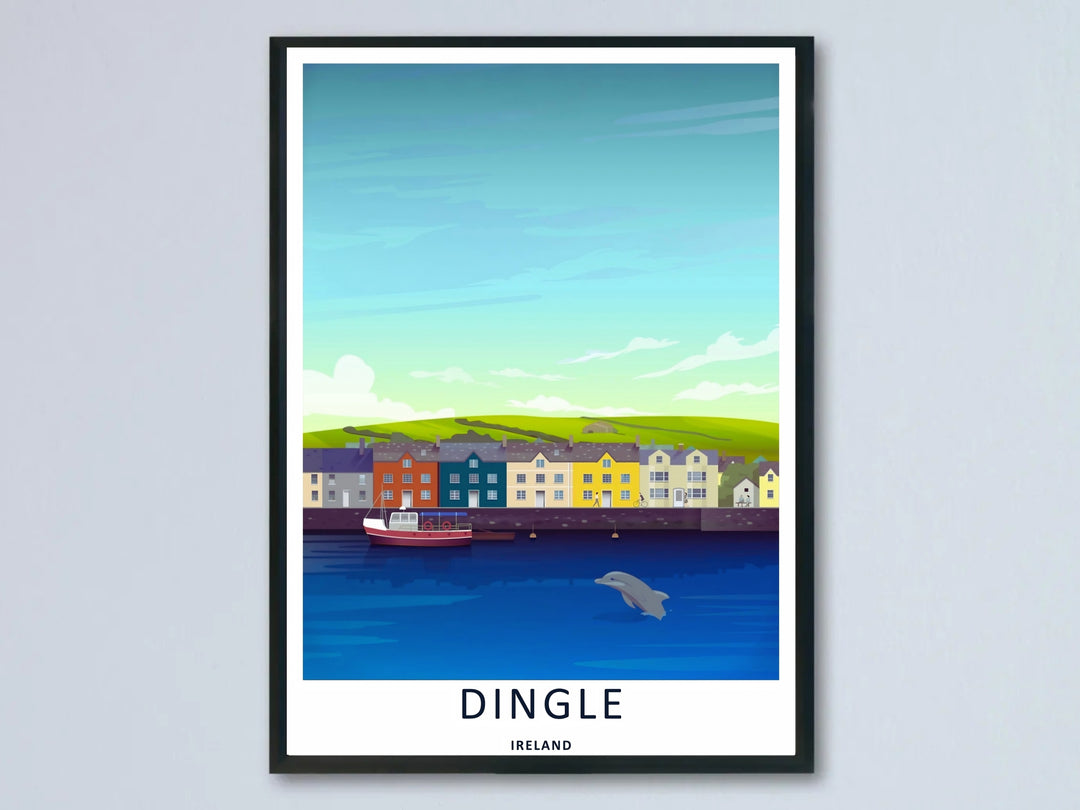 A colorful Dingle dolphin harbor art print highlighting the iconic jumping dolphin of Dingle Ireland; this high-quality artwork is available as an unframed print, a premium canvas, or a framed print option.