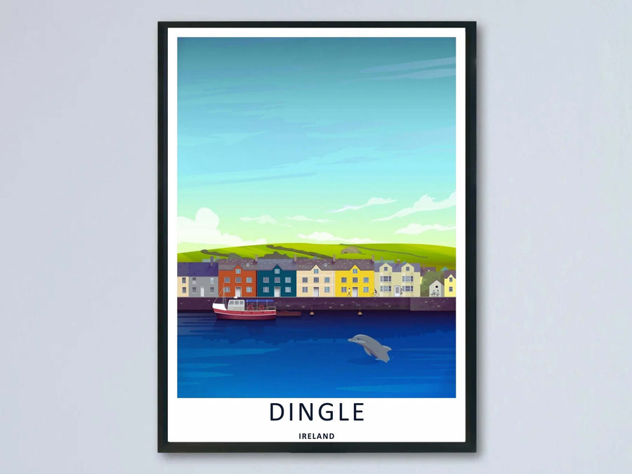A colorful Dingle dolphin harbor art print highlighting the iconic jumping dolphin of Dingle Ireland; this high-quality artwork is available as an unframed print, a premium canvas, or a framed print option.