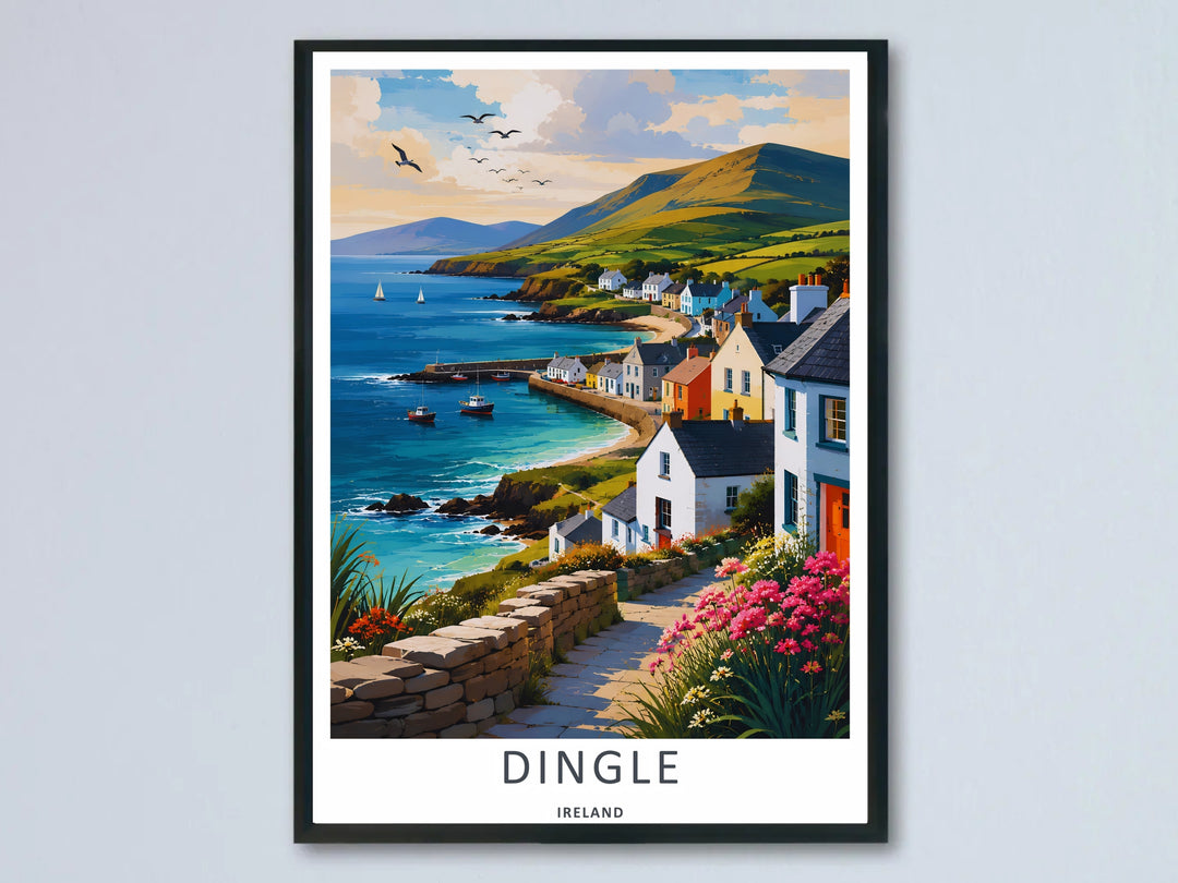 A vibrant Dingle Ireland watercolor ocean print wall art highlighting a winding stone pathway lined with pink flowers; this high-quality artwork is available as an unframed print, canvas, or framed print option.