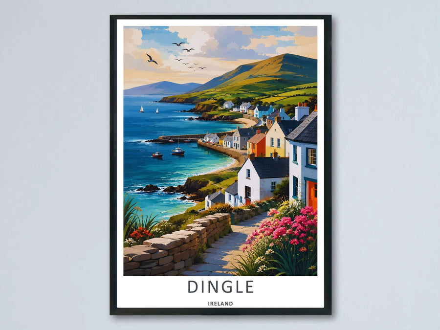 A vibrant Dingle Ireland watercolor ocean print wall art highlighting a winding stone pathway lined with pink flowers; this high-quality artwork is available as an unframed print, canvas, or framed print option.