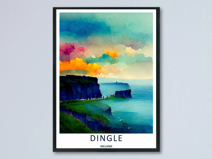 A colorful watercolor ocean print capturing the dramatic clifftop landscape of Dingle Ireland; this impressionist artwork is available as an unframed print, a premium wrapped canvas, or a framed print option.