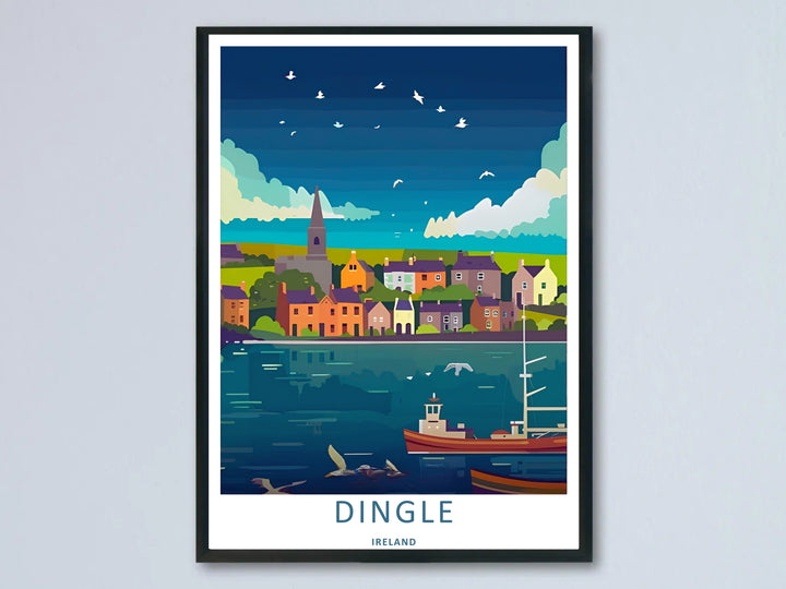 A vintage harbor print featuring the evening landscape of Dingle Ireland; this artwork is available as an unframed print, a premium canvas, or a framed print option. The graphic art showcases a church spire and houses under a night sky.