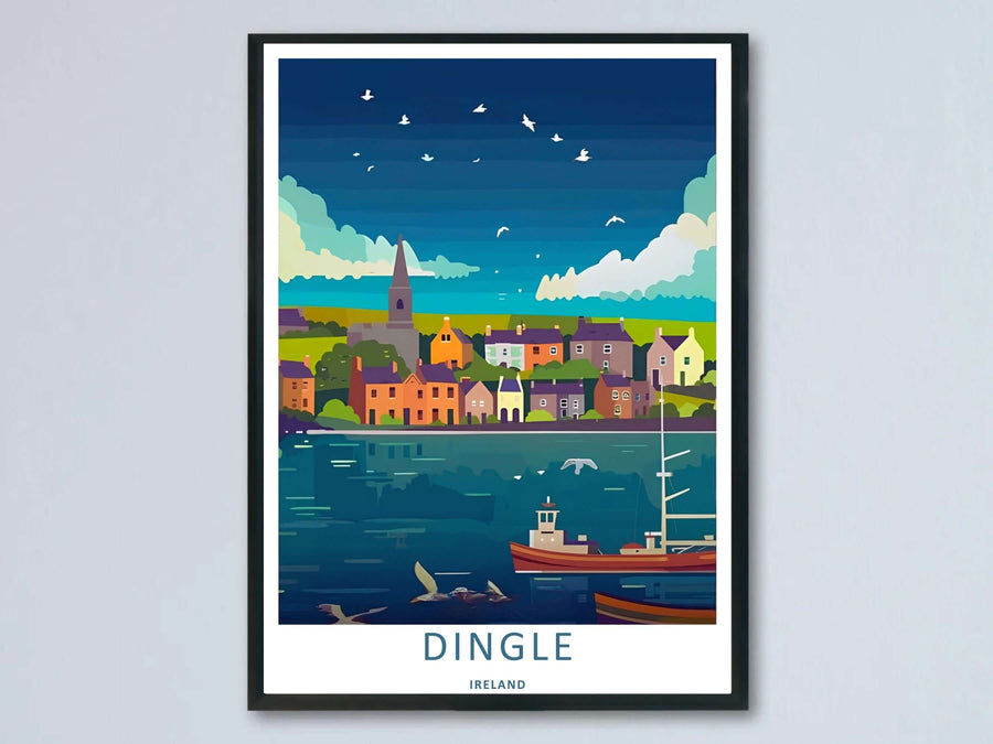A vintage harbor print featuring the evening landscape of Dingle Ireland; this artwork is available as an unframed print, a premium canvas, or a framed print option. The graphic art showcases a church spire and houses under a night sky.